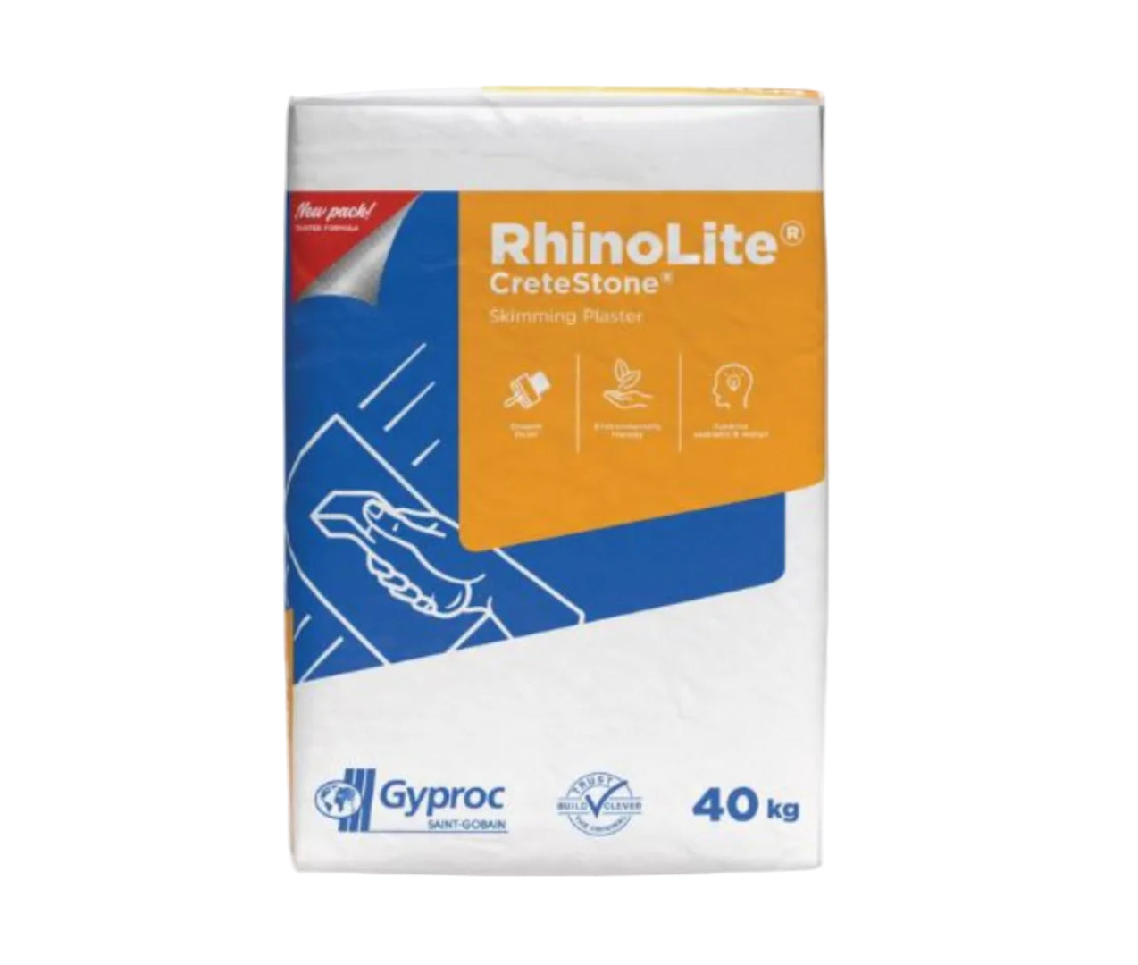 Box of RhinoLite CreteStone plaster with Gyproc branding on a white background